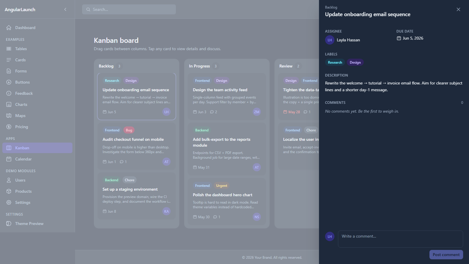 Kanban board with drag-drop and task detail drawer