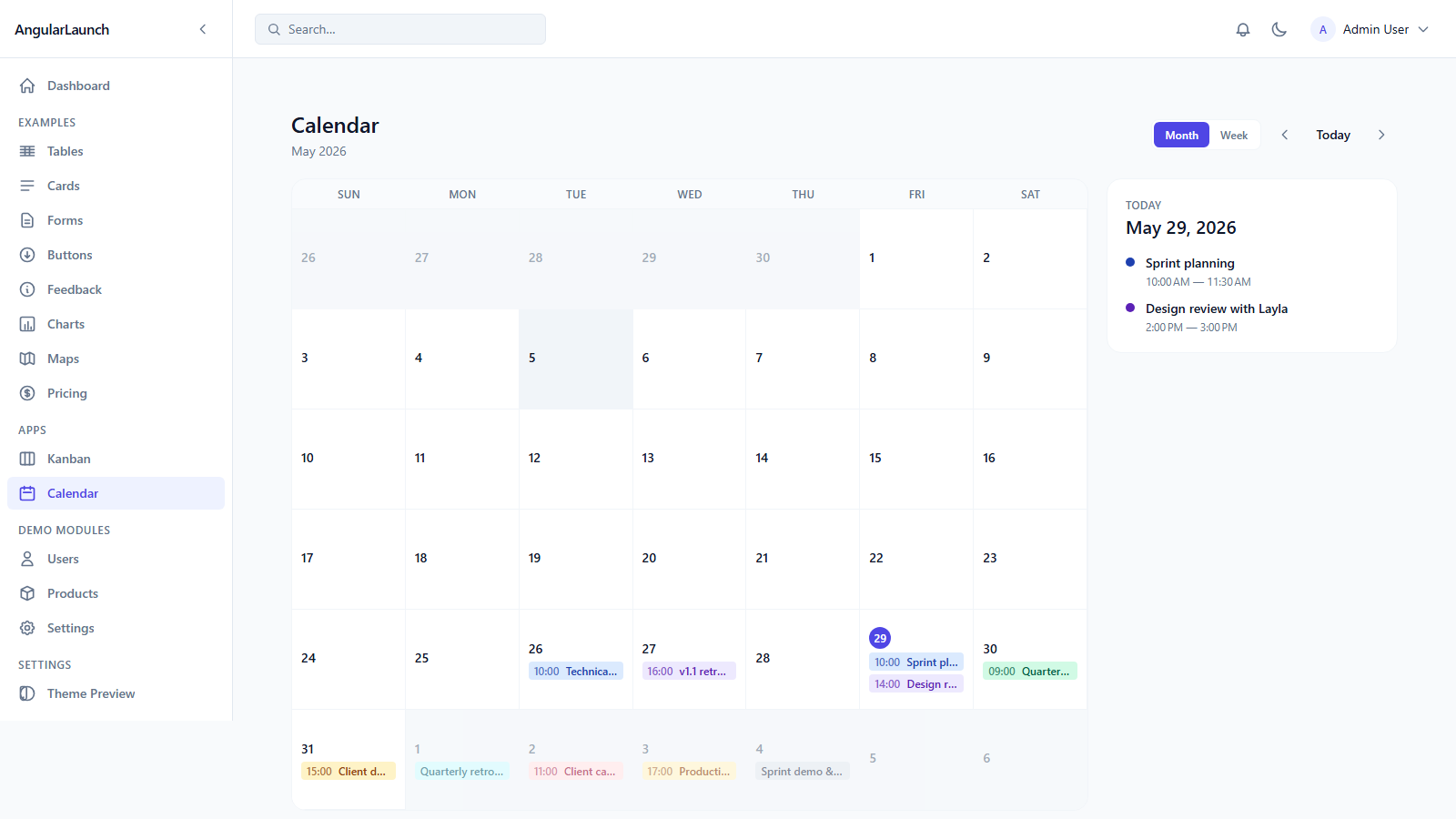 Calendar month view with selected-day side panel