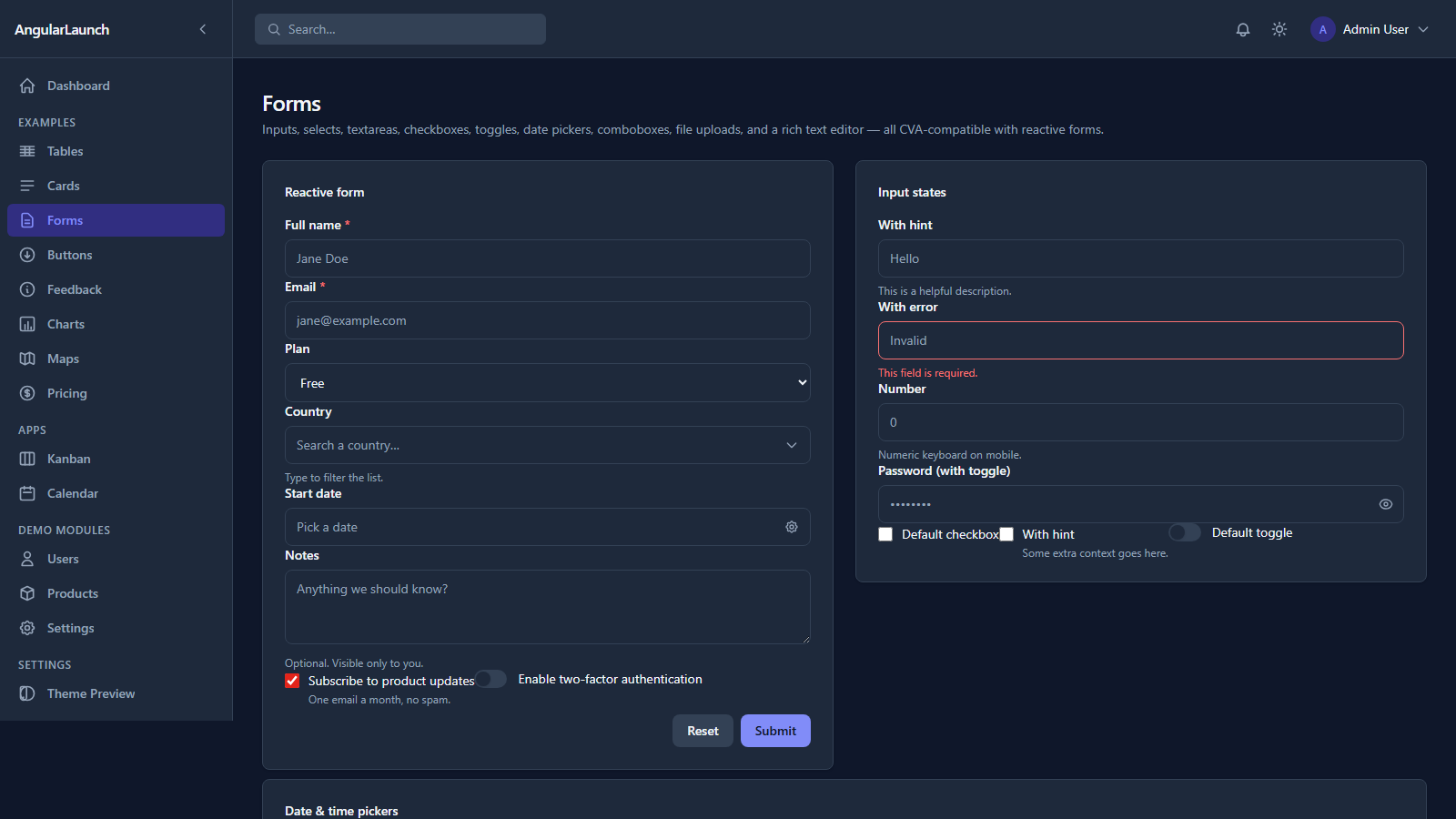 Forms playground with validation states